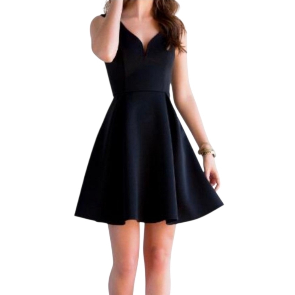 Dina Be Black Fit & Flare Skater Dress V-Neck Scuba Knit Sleeveless Classic M